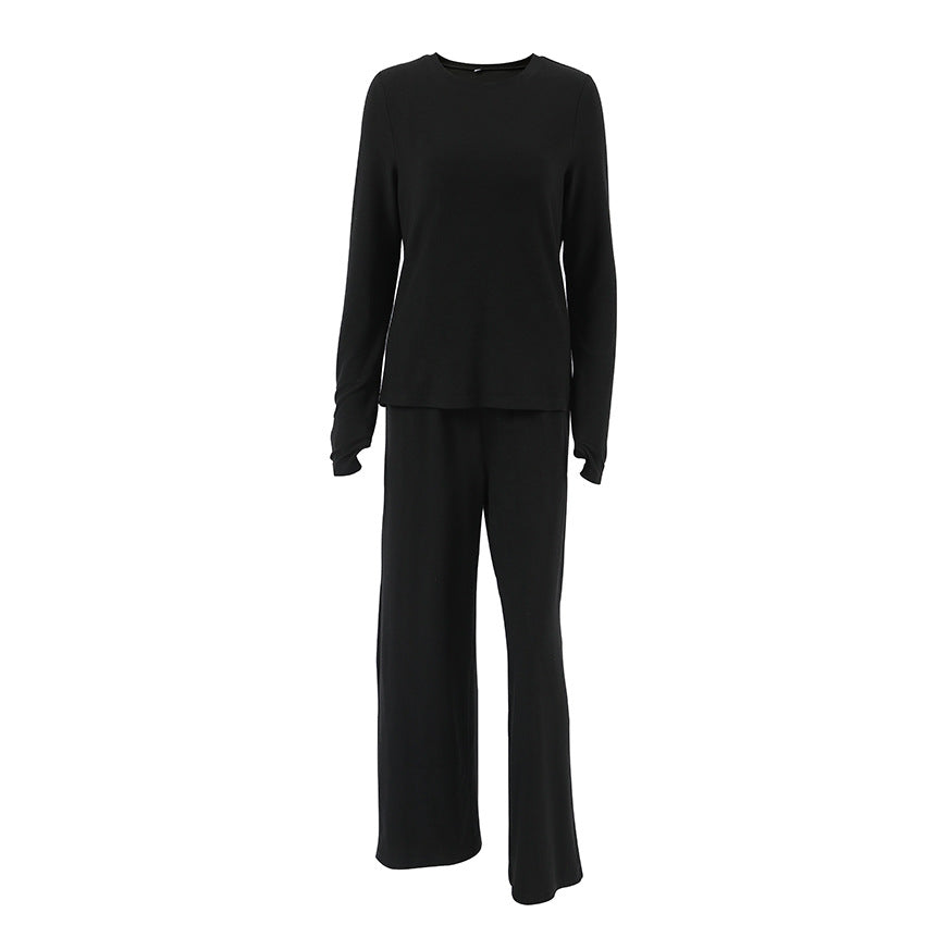 Femenza™ Soft, Comfortable And Stretchy Two-piece Black Crew-neck Loungewear Set
