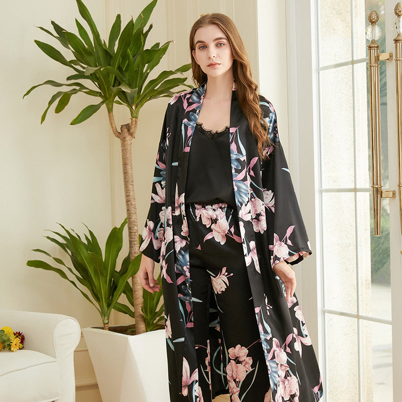 Femenza™ Print Pajamas Mid Length Belted Loungewear Three Piece Set