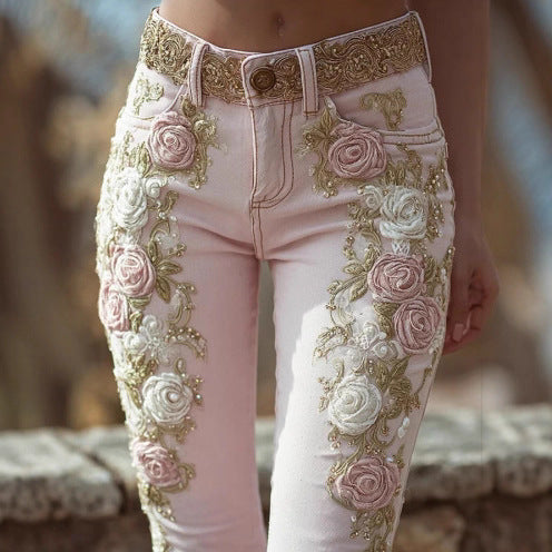 Femenza™ Retro Pink Rose Embroidered Artistic Printed Jeans