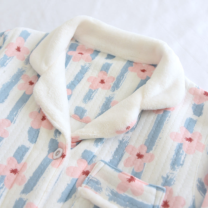 Femenza™ Long Sleeve Cardigan Cotton Three-layer Warm Loungewear Set
