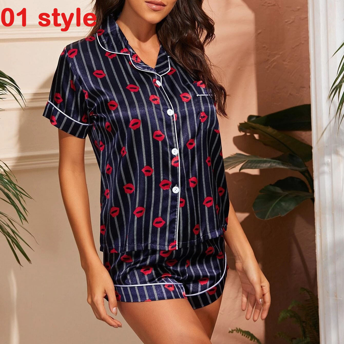 Femenza™ Summer Satin Print V-Neck Stretch Sleepwear Casual Shorts Set Loungewear