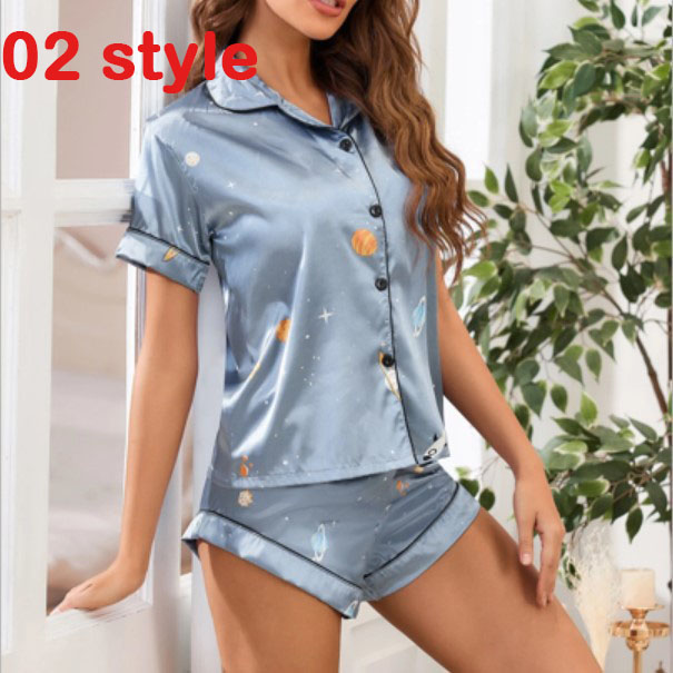 Femenza™ Summer Satin Print V-Neck Stretch Sleepwear Casual Shorts Set Loungewear