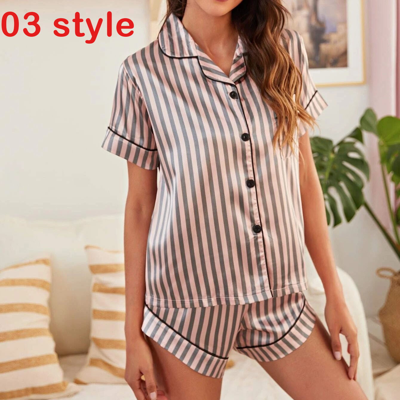 Femenza™ Summer Satin Print V-Neck Stretch Sleepwear Casual Shorts Set Loungewear