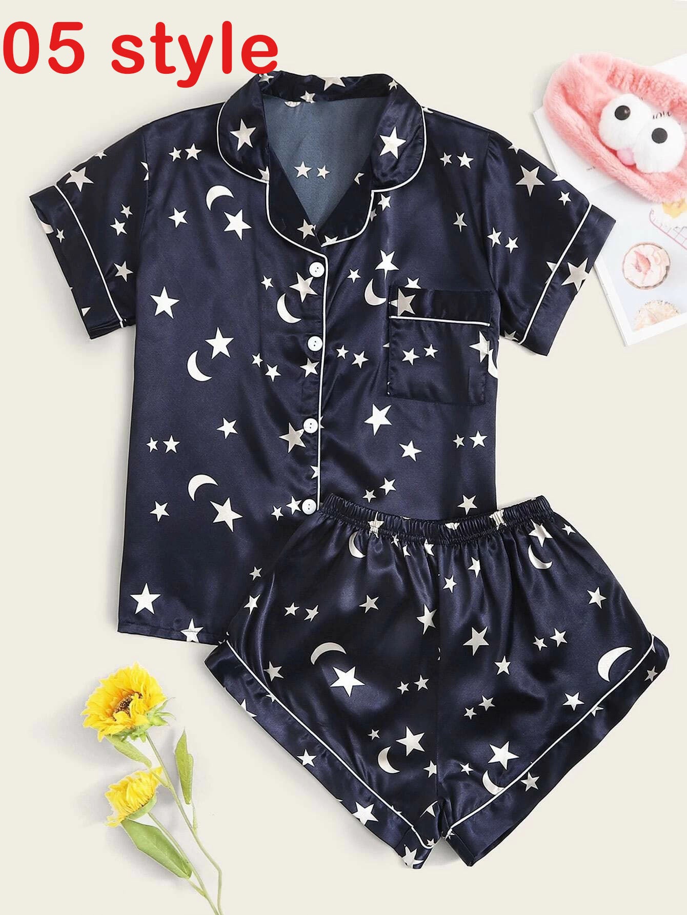Femenza™ Summer Satin Print V-Neck Stretch Sleepwear Casual Shorts Set Loungewear