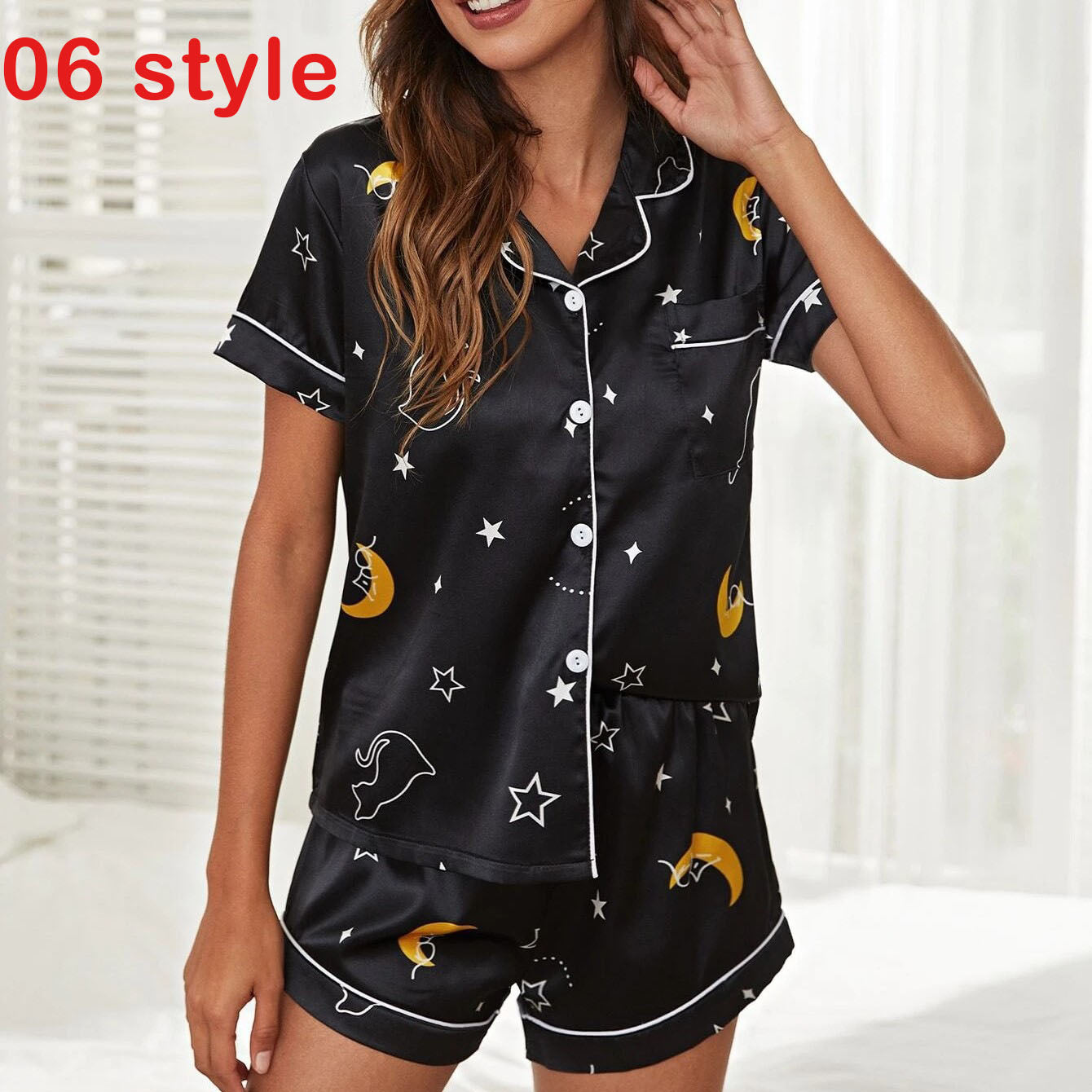 Femenza™ Summer Satin Print V-Neck Stretch Sleepwear Casual Shorts Set Loungewear