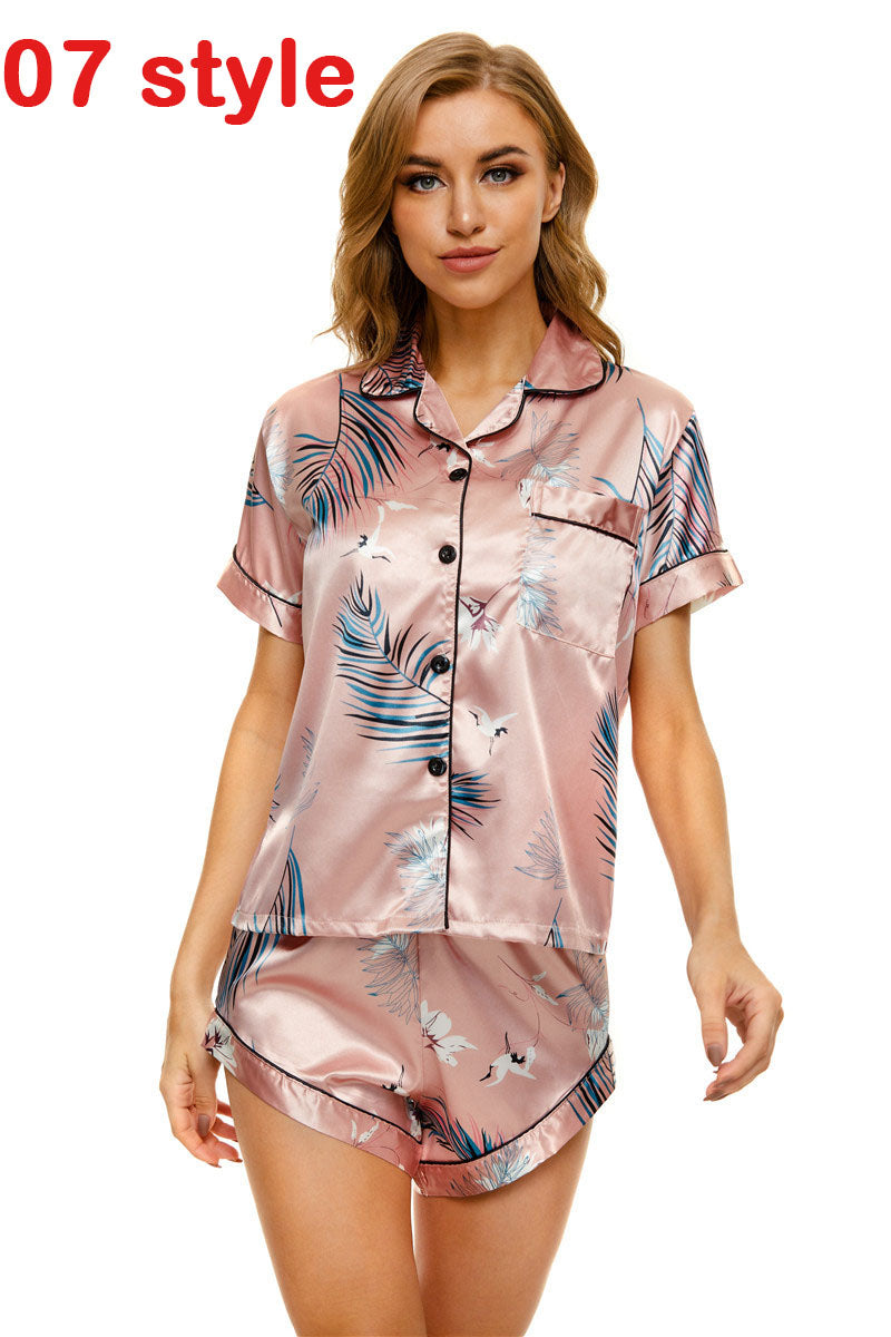 Femenza™ Summer Satin Print V-Neck Stretch Sleepwear Casual Shorts Set Loungewear