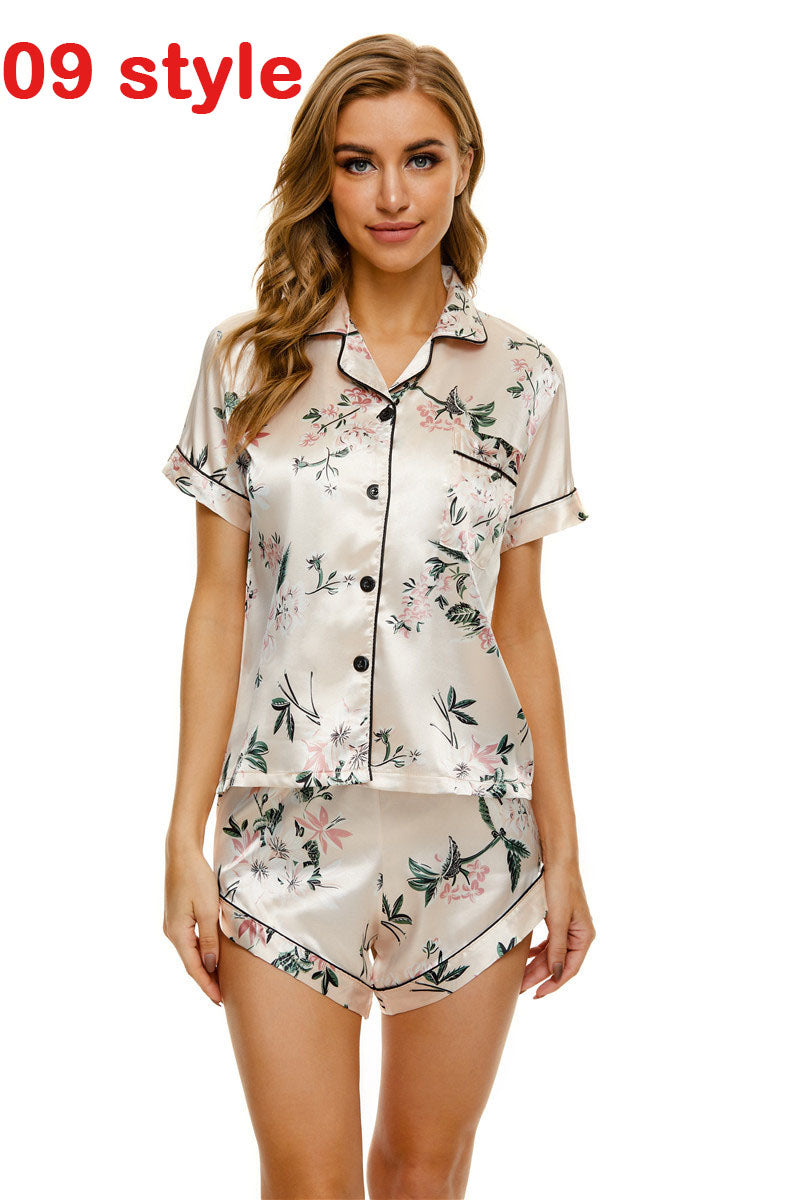 Femenza™ Summer Satin Print V-Neck Stretch Sleepwear Casual Shorts Set Loungewear