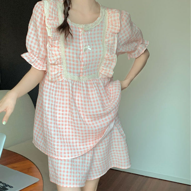 Femenza™ Gauze Plaid Ruffle Short-sleeved Loungewear