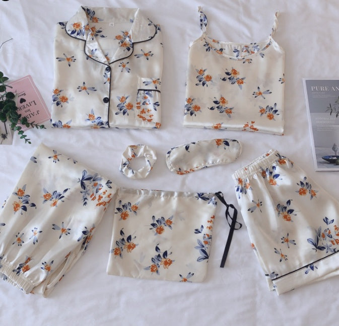 Femenza™ Simulated Silk Striped Seven-piece Loungewear