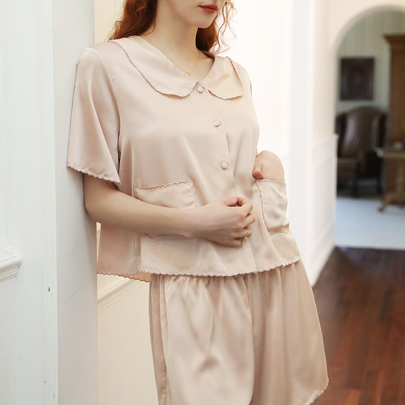 Femenza™ Premium Solid Color Silk Short Sleeve Loungewear Set