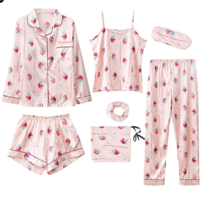 Femenza™ Simulated Silk Striped Seven-piece Loungewear