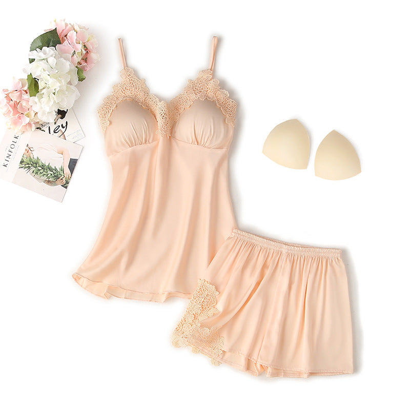 Femenza™ Suspender Shorts Suit With Chest Pad Silk Loungewear