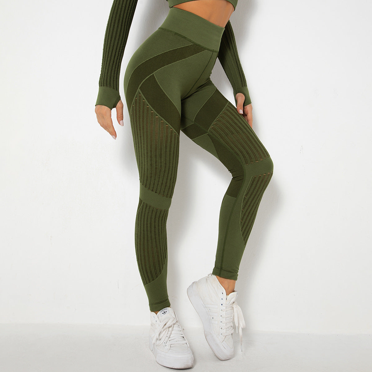 Femenza™ Seamless Mesh Knit Yoga Leggings High-Waist Supportive Fitness Pants