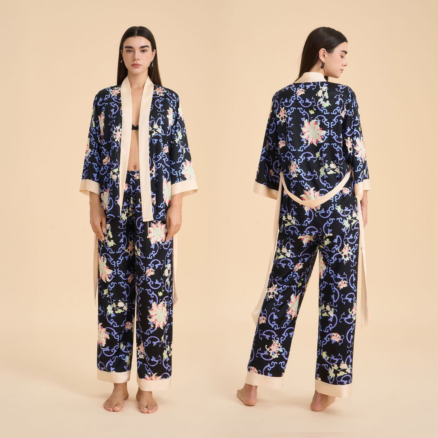 Femenza™ Floral-print Satin Chiffon Loungewear Set