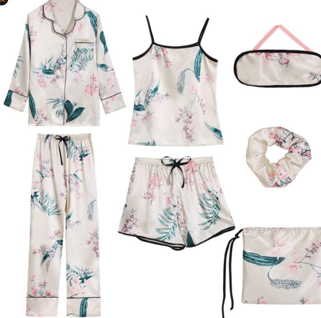 Femenza™ Simulated Silk Striped Seven-piece Loungewear