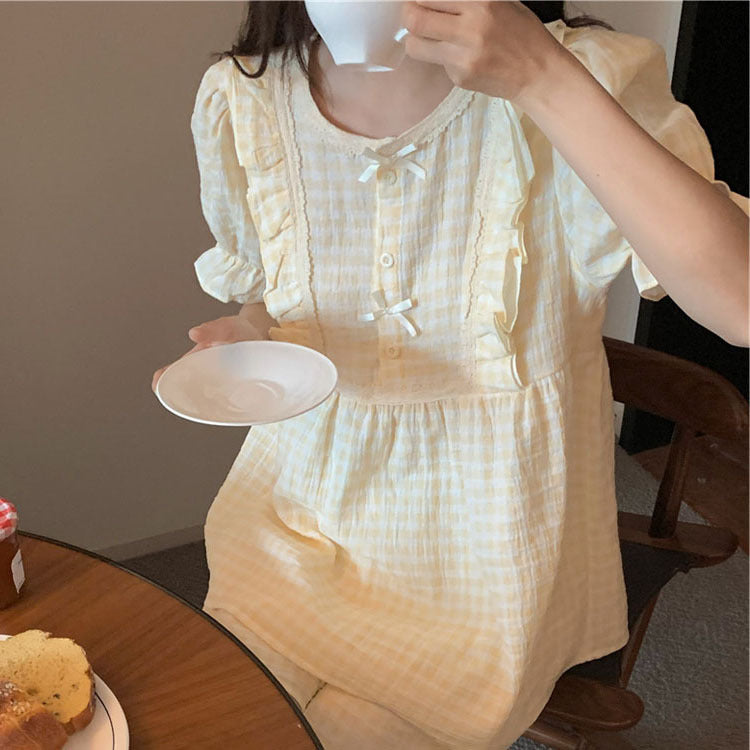 Femenza™ Gauze Plaid Ruffle Short-sleeved Loungewear