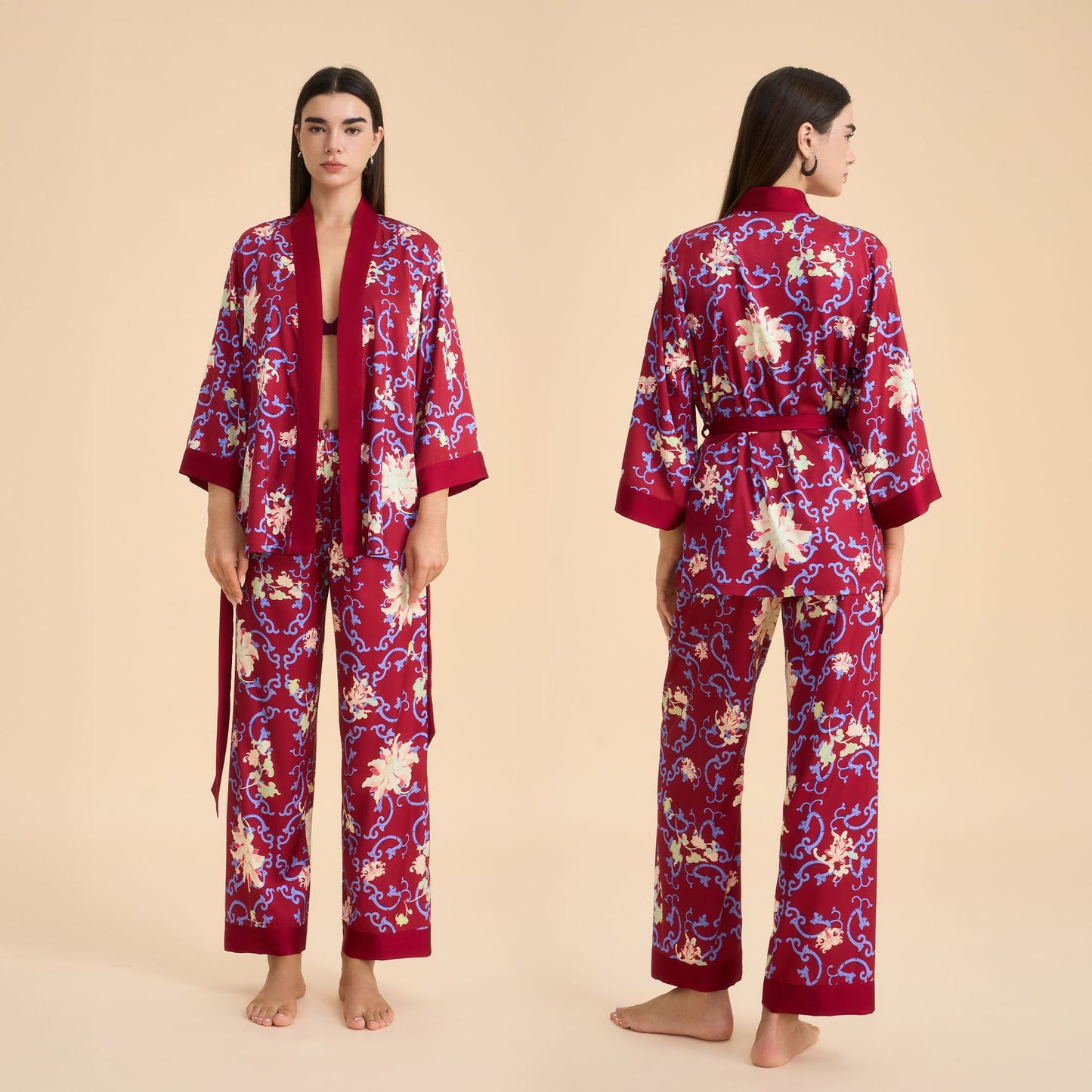 Femenza™ Floral-print Satin Chiffon Loungewear Set