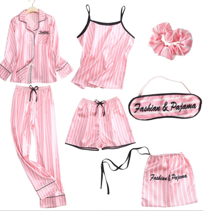 Femenza™ Simulated Silk Striped Seven-piece Loungewear