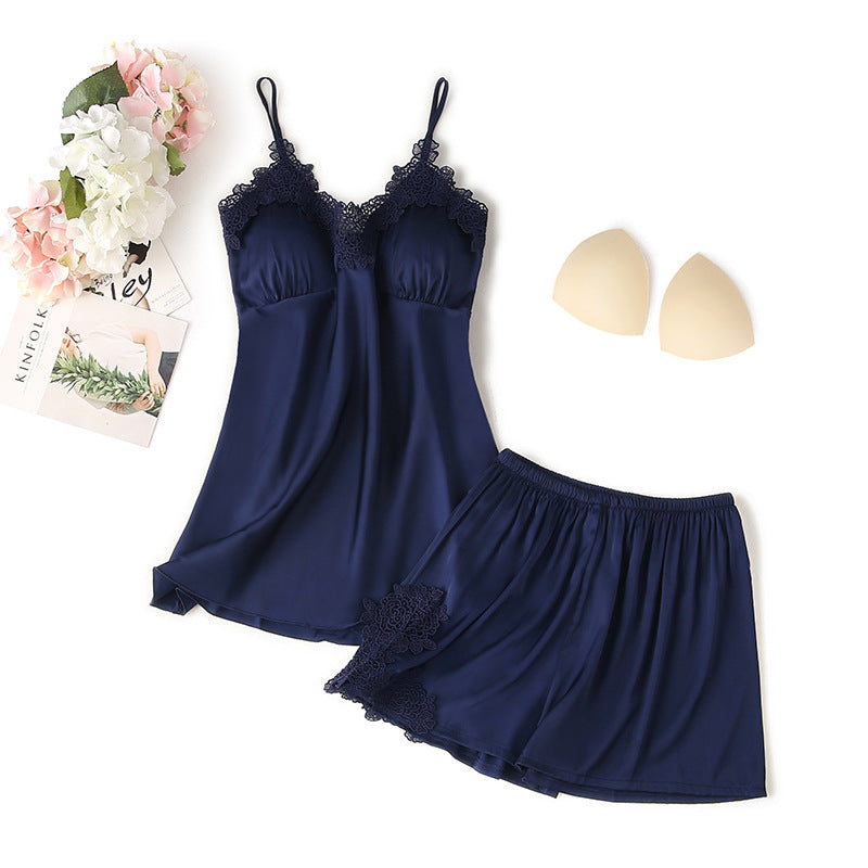 Femenza™ Suspender Shorts Suit With Chest Pad Silk Loungewear