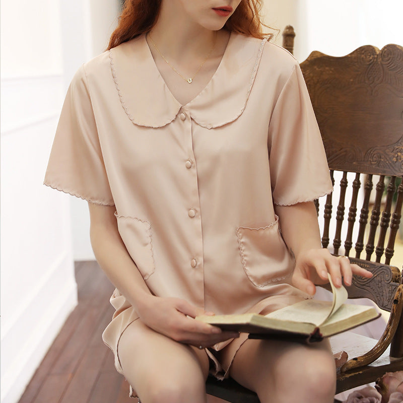 Femenza™ Premium Solid Color Silk Short Sleeve Loungewear Set