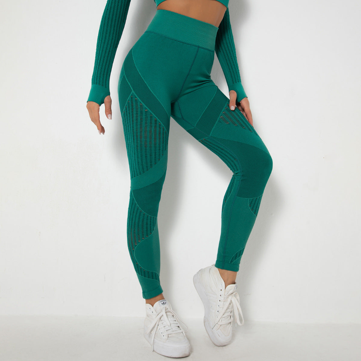 Femenza™ Seamless Mesh Knit Yoga Leggings High-Waist Supportive Fitness Pants