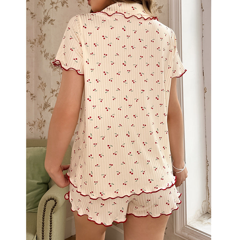 Femenza™ Floral-print Lapel-collar Button-up Cardigan Loungewear Set