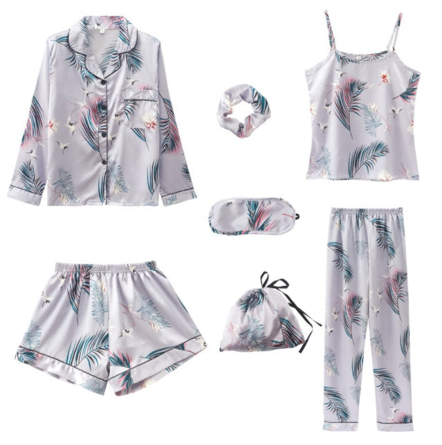 Femenza™ Simulated Silk Striped Seven-piece Loungewear