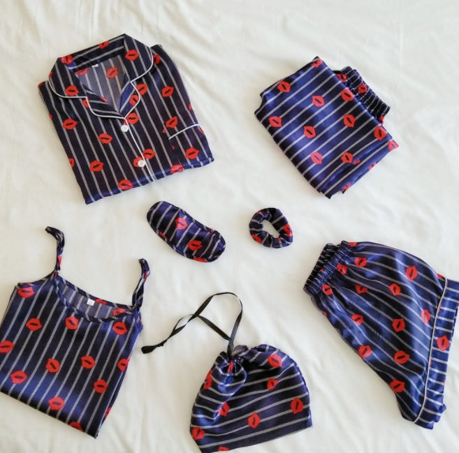 Femenza™ Simulated Silk Striped Seven-piece Loungewear