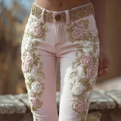 Femenza™ Retro Pink Rose Embroidered Artistic Printed Jeans