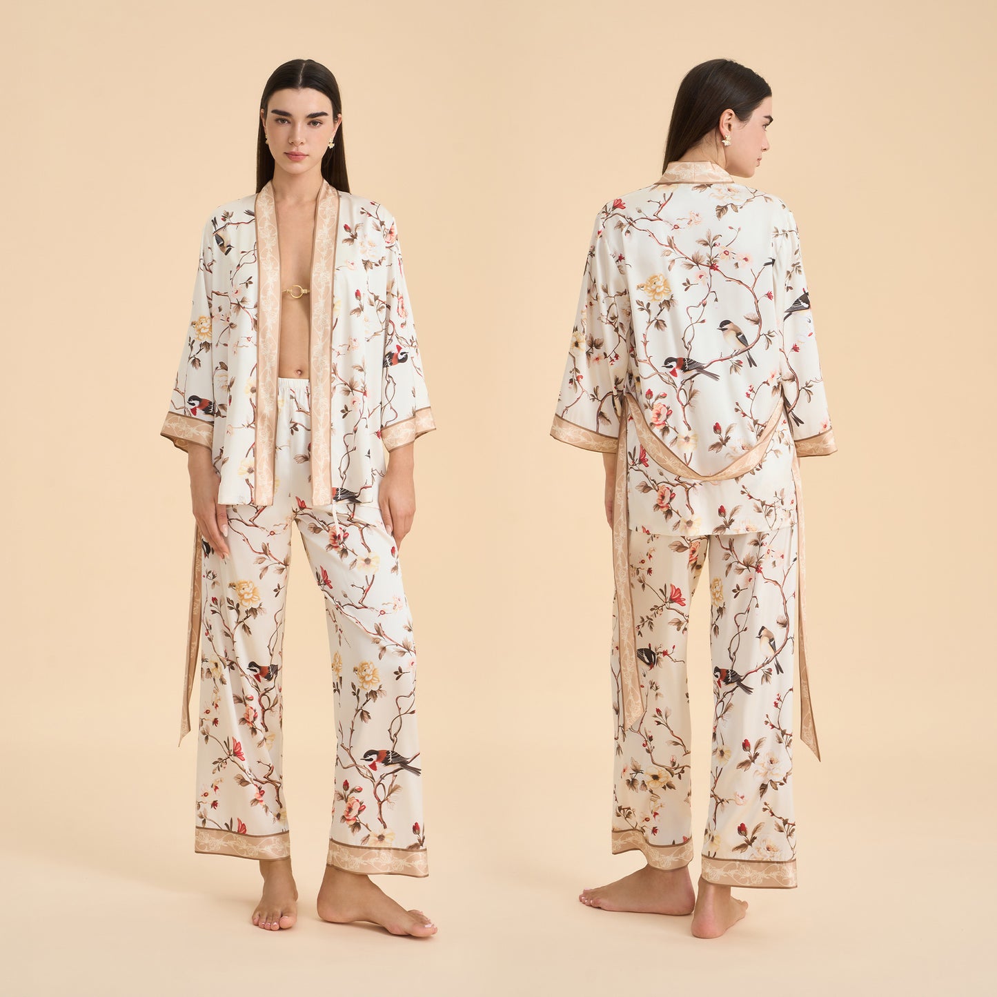 Femenza™ Floral-print Satin Chiffon Loungewear Set