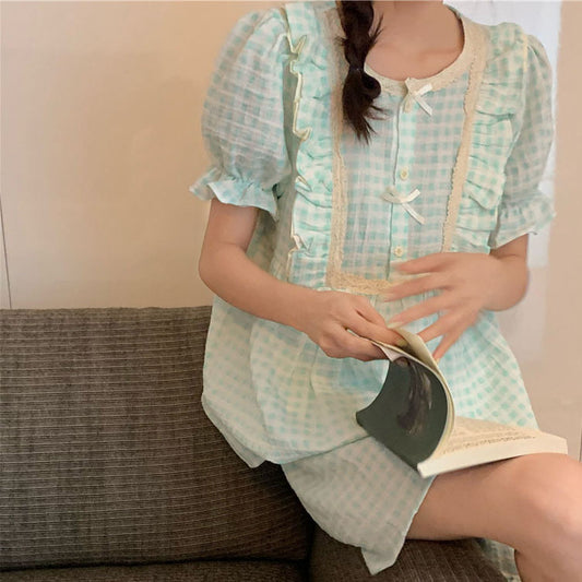 Femenza™ Gauze Plaid Ruffle Short-sleeved Loungewear