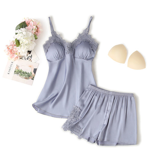 Femenza™ Suspender Shorts Suit With Chest Pad Silk Loungewear