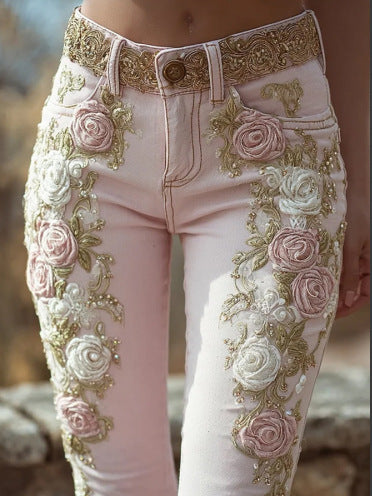 Femenza™ Retro Pink Rose Embroidered Artistic Printed Jeans