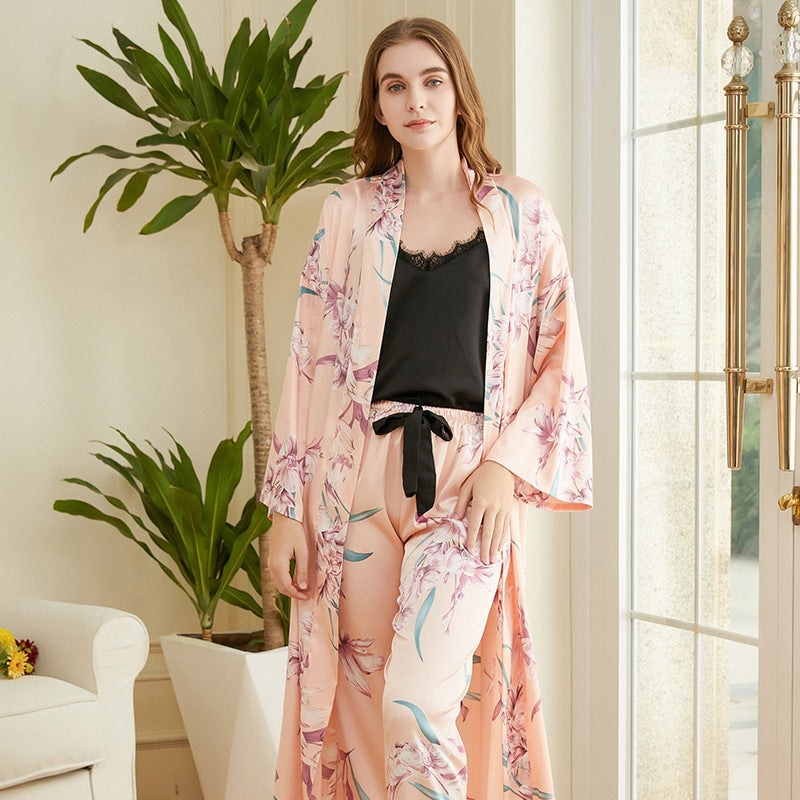 Femenza™ Print Pajamas Mid Length Belted Loungewear Three Piece Set