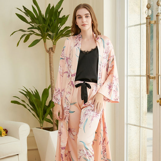 Femenza™ Print Pajamas Mid Length Belted Loungewear Three Piece Set