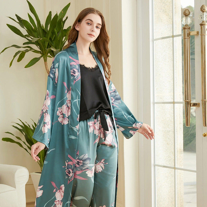 Femenza™ Print Pajamas Mid Length Belted Loungewear Three Piece Set