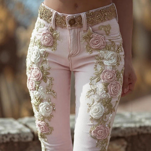 Femenza™ Retro Pink Rose Embroidered Artistic Printed Jeans