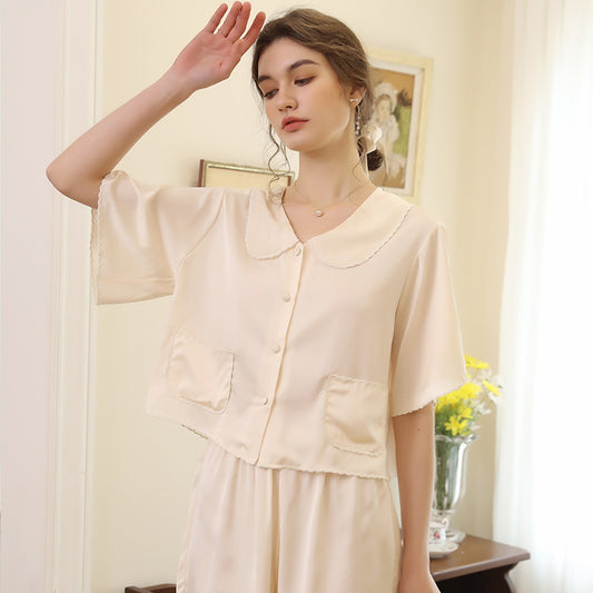 Femenza™ Premium Solid Color Silk Short Sleeve Loungewear Set