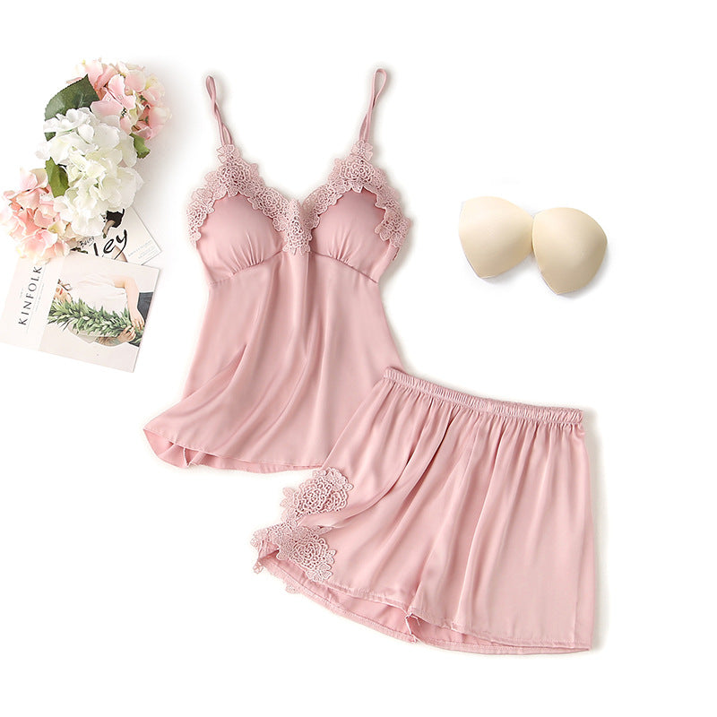 Femenza™ Suspender Shorts Suit With Chest Pad Silk Loungewear