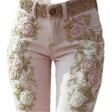 Femenza™ Retro Pink Rose Embroidered Artistic Printed Jeans