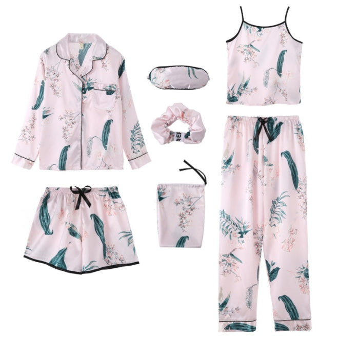 Femenza™ Simulated Silk Striped Seven-piece Loungewear