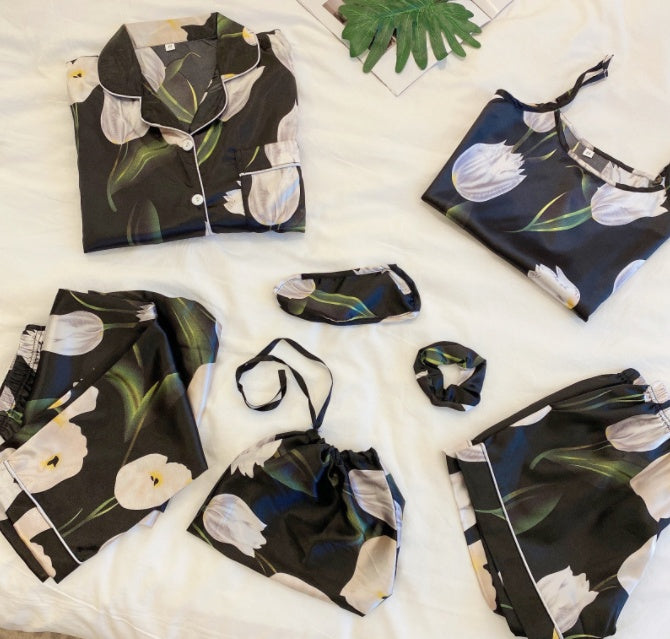 Femenza™ Simulated Silk Striped Seven-piece Loungewear