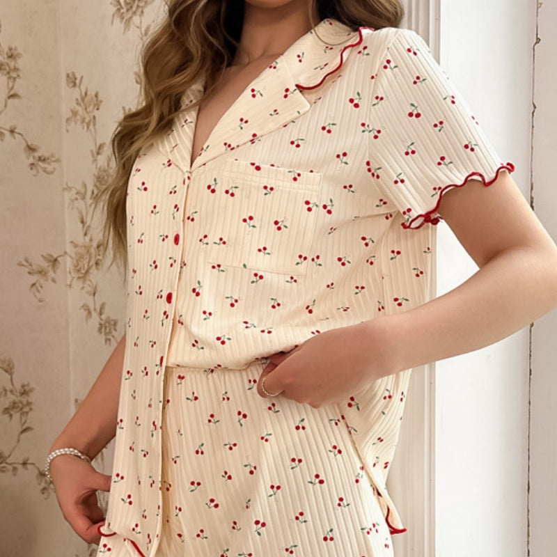 Femenza™ Floral-print Lapel-collar Button-up Cardigan Loungewear Set