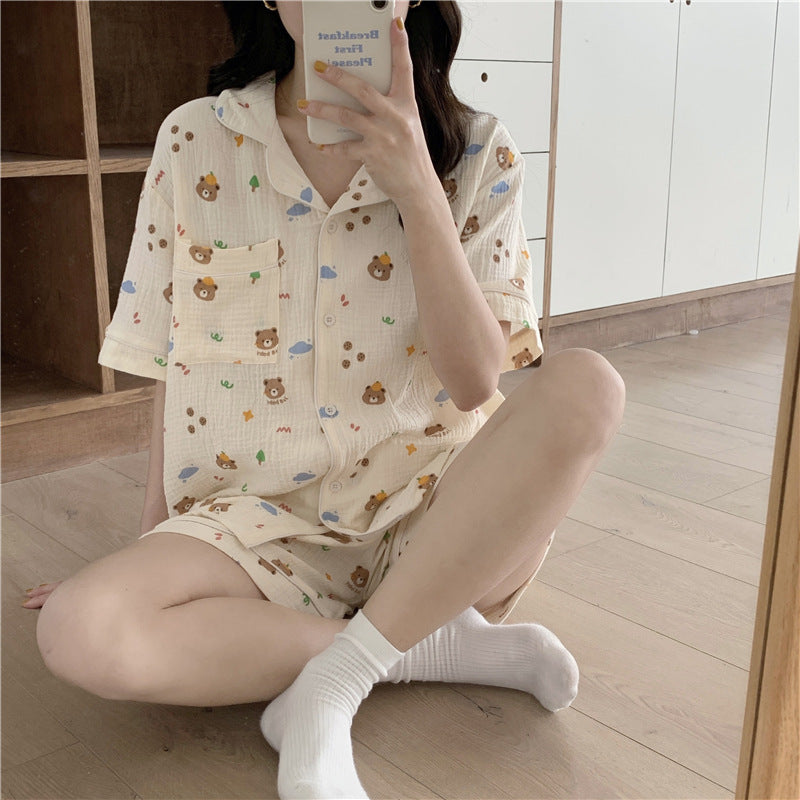 Femenza™ Cotton Bear Head Short Sleeve Cardigan Set