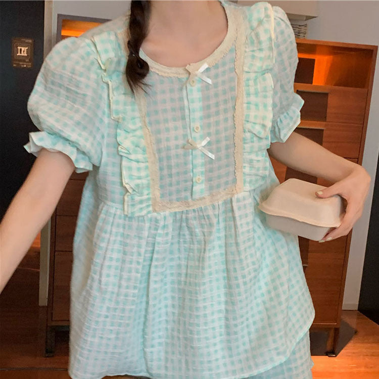 Femenza™ Gauze Plaid Ruffle Short-sleeved Loungewear