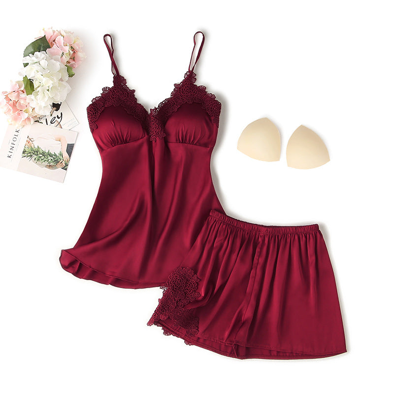 Femenza™ Suspender Shorts Suit With Chest Pad Silk Loungewear