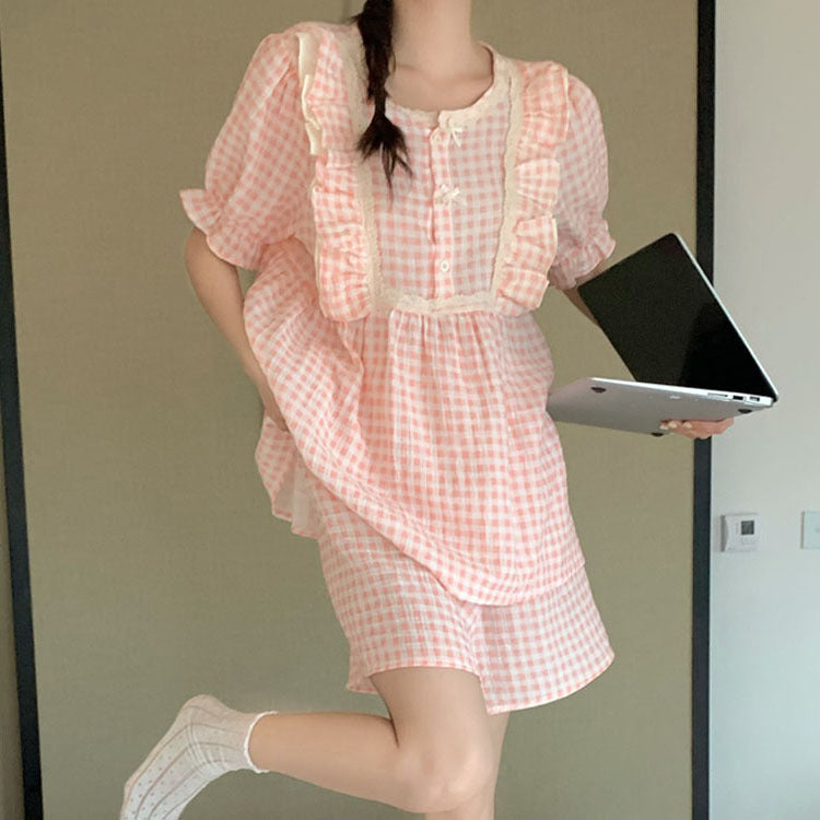 Femenza™ Gauze Plaid Ruffle Short-sleeved Loungewear