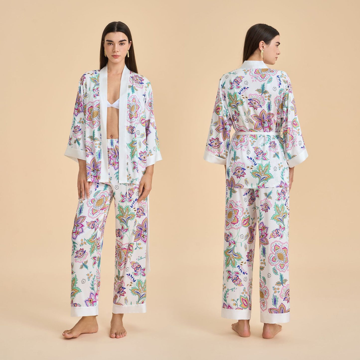 Femenza™ Floral-print Satin Chiffon Loungewear Set