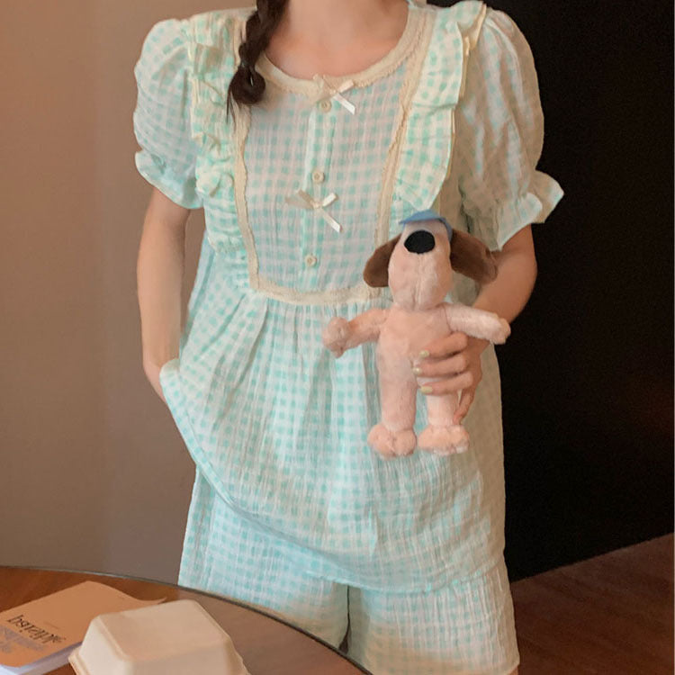Femenza™ Gauze Plaid Ruffle Short-sleeved Loungewear