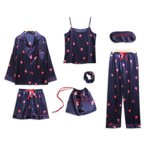 Femenza™ Simulated Silk Striped Seven-piece Loungewear